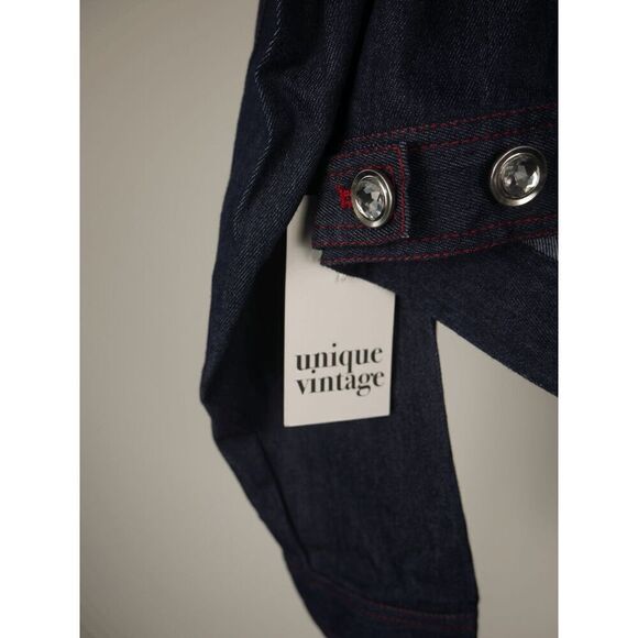 Unique Vintage Dark Denim rhinestone Western Boxy Crop Jacket XL - Picture 9 of 9